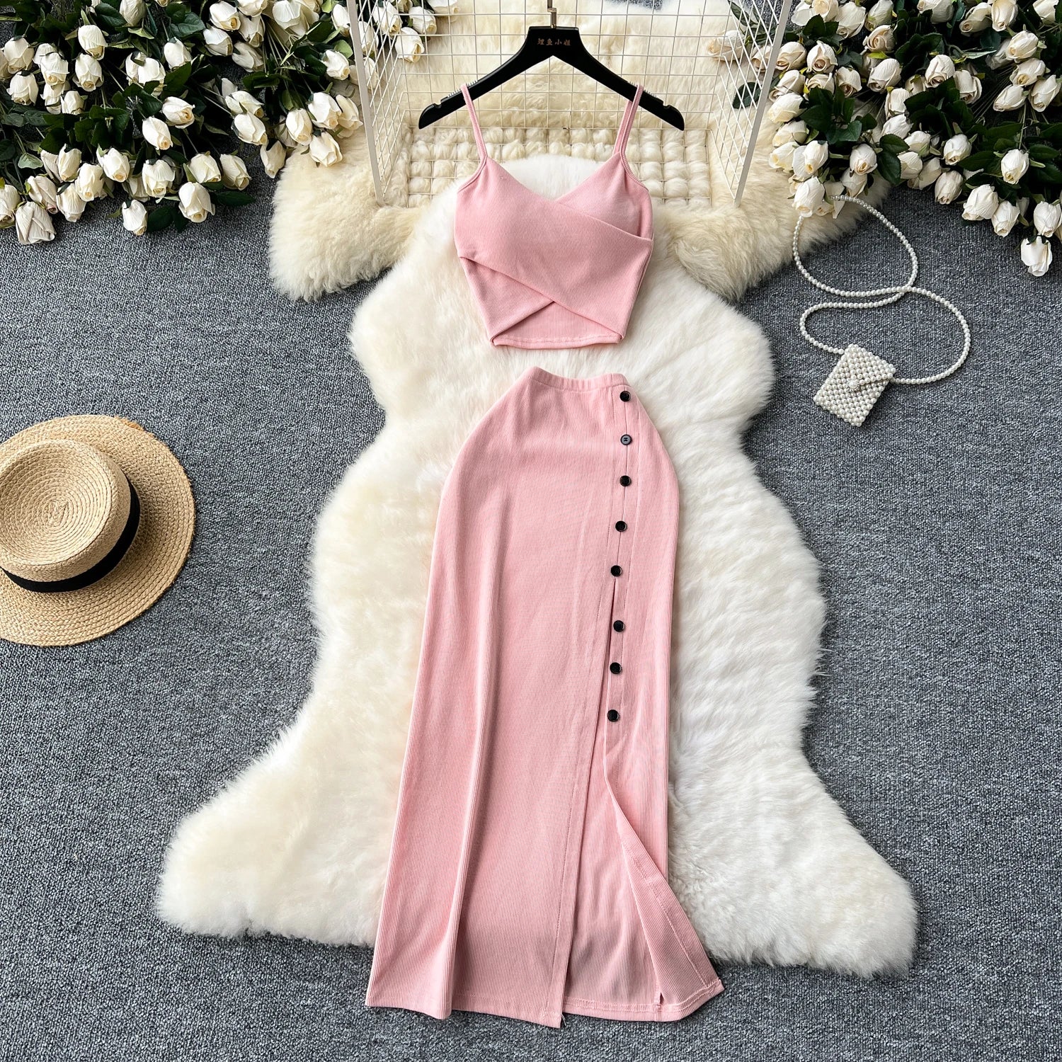 Foamlina Summer Sexy 2 Pieces Set for Women Solid V Neck Sleeveless Crop Camis Top and High Elastic Waist Split Long Skirt Suits