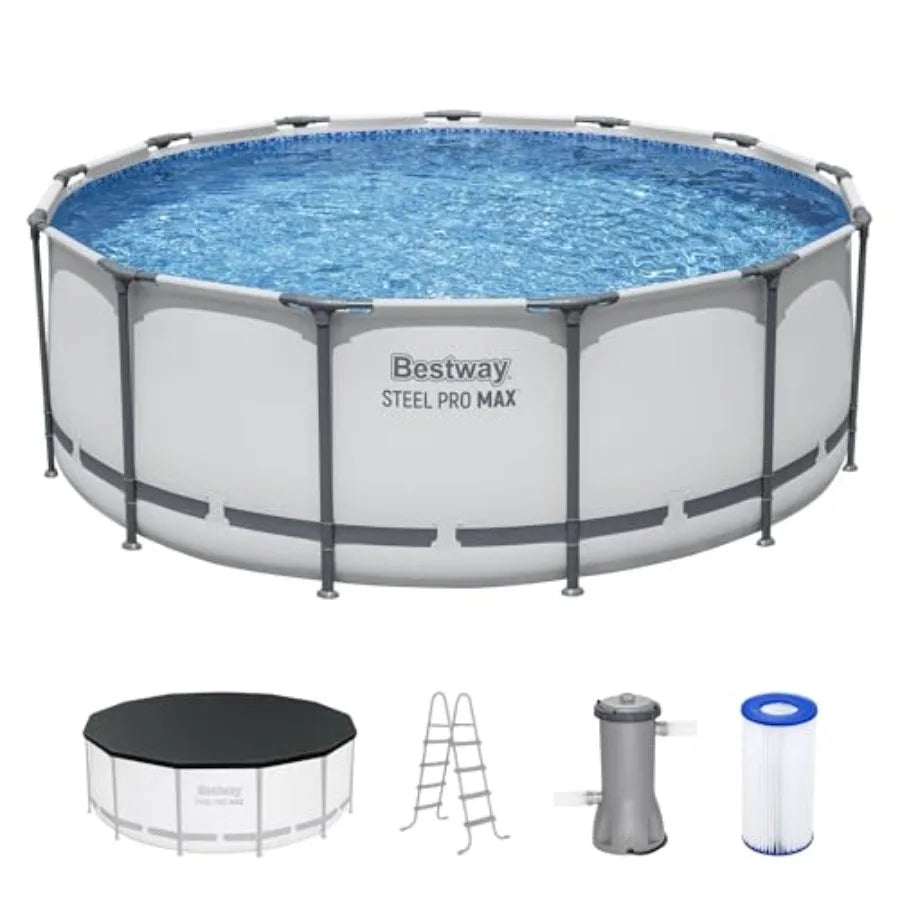 Outdoor swimming pool set for backyard use, steel frame with gray finish, includes filter pump, ladder, and cover
