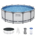 Outdoor swimming pool set for backyard use, steel frame with gray finish, includes filter pump, ladder, and cover