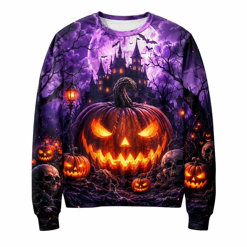 2026 New Pumpkin Skeleton Graphic Halloween Sweatshirts Fashion Holiday Wear Unisex Crew Neck Sweater Loose Streetwear Pullovers