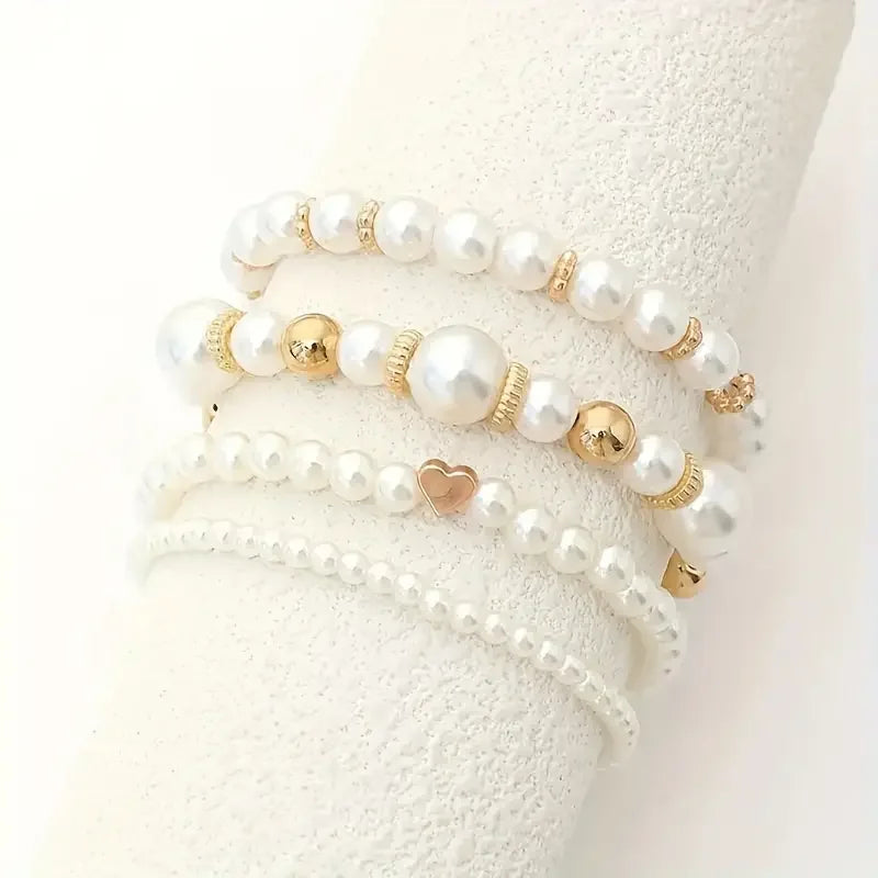 4pcs White Pearl Beaded Bracelets Set  for Women Fashion Chic Gold Color Design Hand Chain Bracelet Vintage French Jewelry Gifts