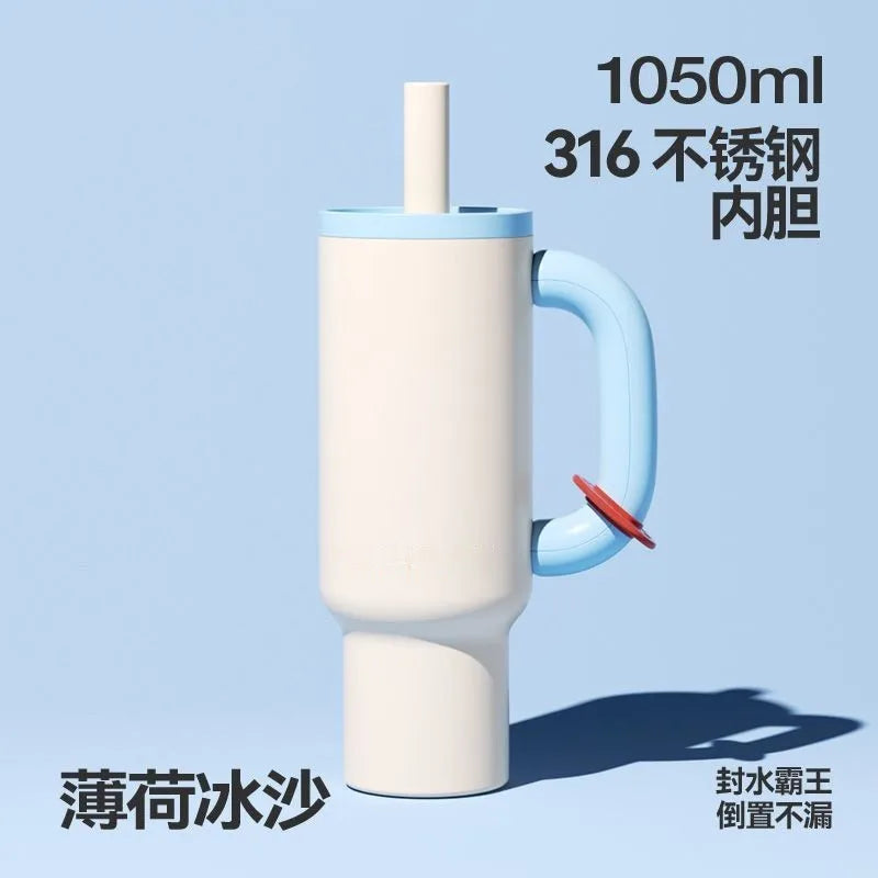 1050ml Insulated Mug with Handle and Straw Ice Cup Large Capacity Tumbler Stainless Steel Water Bottle Office Home Thermal Mug