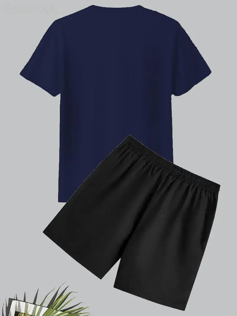 Men's Outdoor Sportswear Set - Short Sleeve T-Shirt with Print & Breathable Casual Shorts, 2-Piece Set