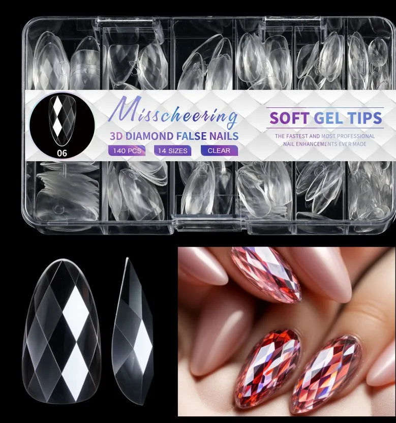 New 120/140pcs Square Almond Coffin Nail Extension Tips Natural Clear Full Cover Nails Dual Form 3D Diamond Soft Gel Nail Tips