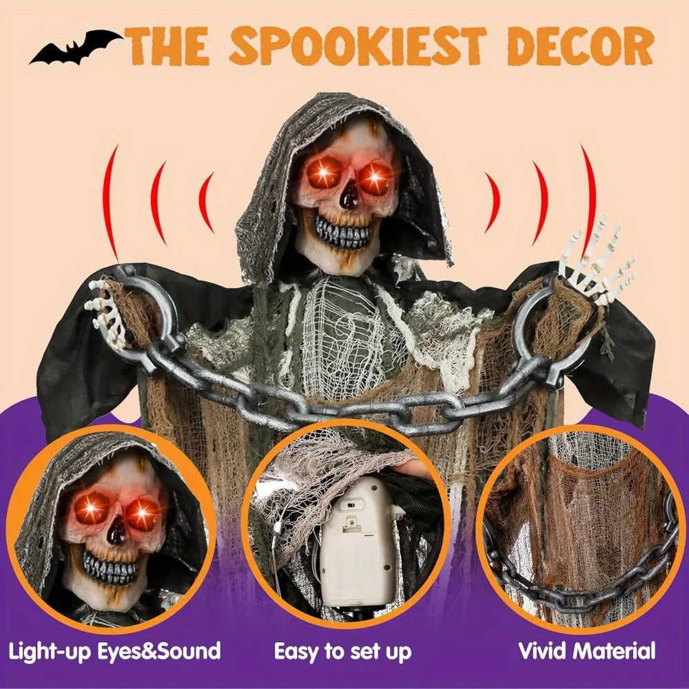 67''Halloween Decorations Outdoor Life Size Animatronics Grim Reaper with Chain Sound-Actived Party Decor with Creepy Sound Scary House Props for Garden Yard Lawn