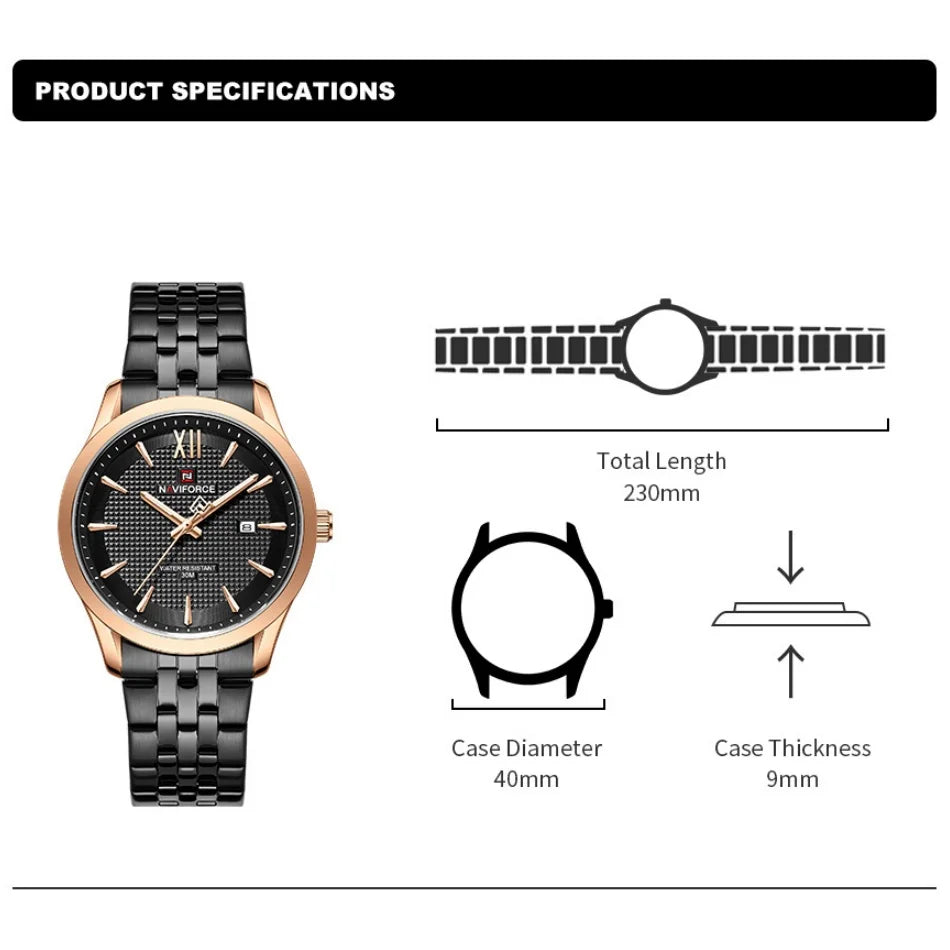 New Style NAVIFORCE Men's Stainless Steel Band Date Calendar Feature for Active Luxury Sports Watch 30m Waterproof Male Gifts