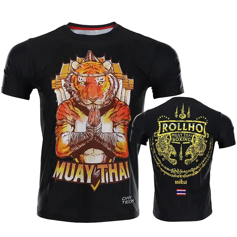 Muay Thai Fighting Sports Training T-shirt For Men's Clothing O-neck Pullover Shirt Harajuku Street Funny Cat Graphic Tee Top
