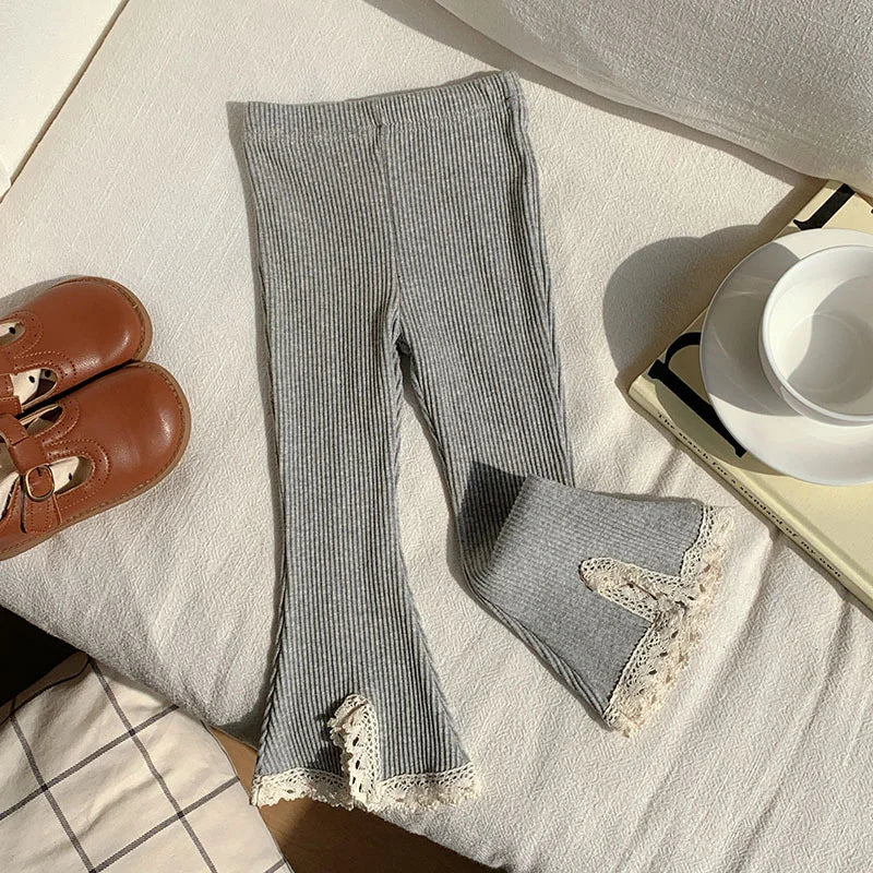 Little Girl's Flared Pants for Spring and Autumn New Fashionable Girls Clothing Korean Version Solid Color Lace Split Trousers