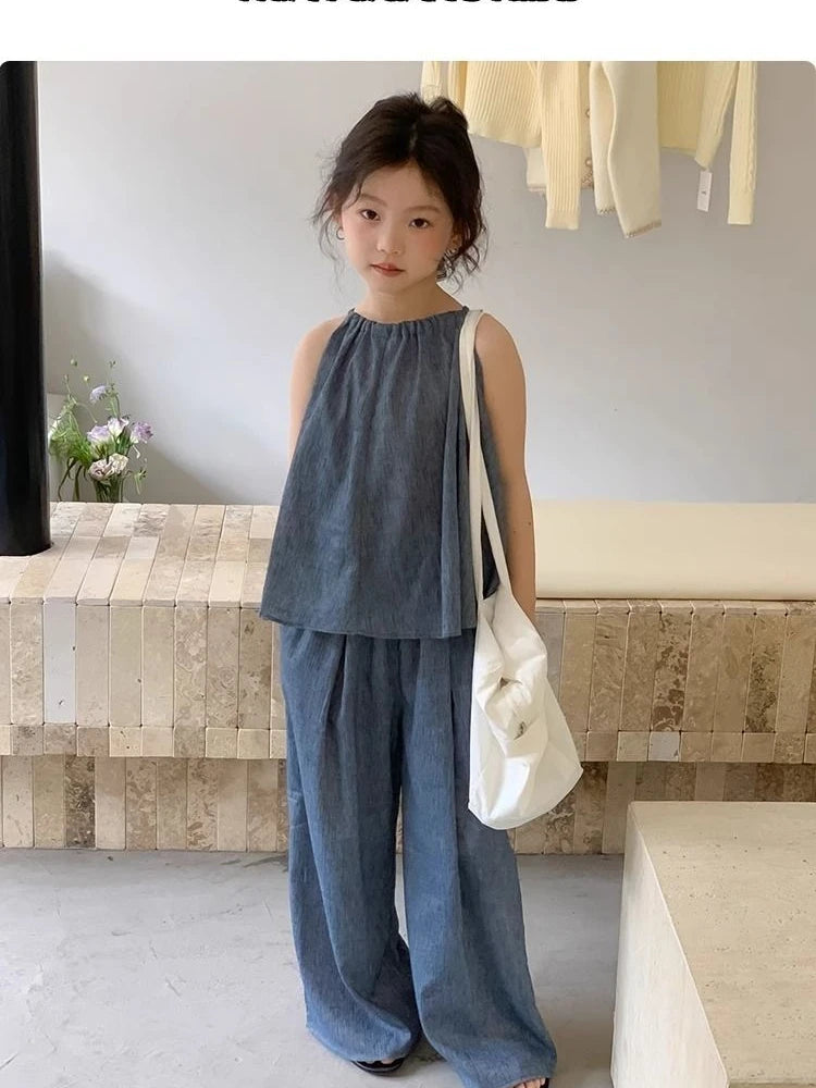 Teens Girls 2-piece Set 2025 Children's Clothing Summer New Set Outfits Baby Korean Slim Top and Blue Wide Leg Pants Casual Set