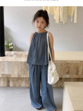 Teens Girls 2-piece Set 2025 Children's Clothing Summer New Set Outfits Baby Korean Slim Top and Blue Wide Leg Pants Casual Set