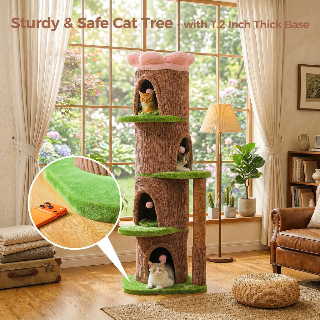 Large Cat Tree with 4 Spacious Condos Thick Scratching Post Flower Top Bed Tall Cat Tower for Indoor Luxury Cat House Bed Toys