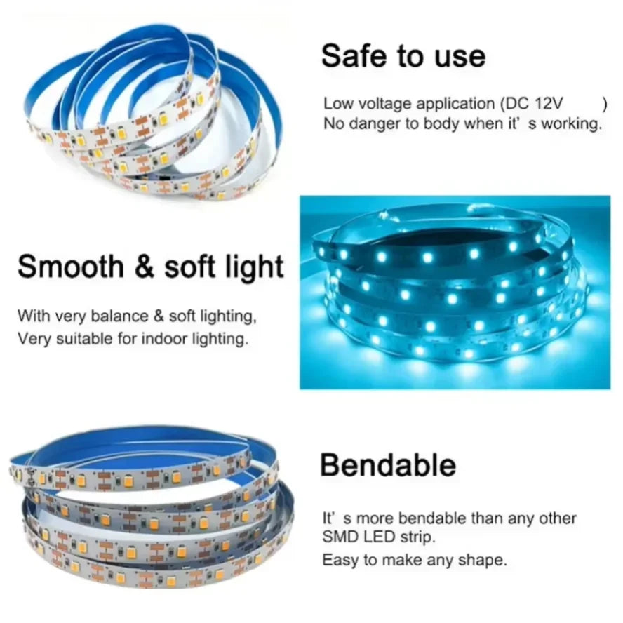 LED Strip 60LEDs/m DC12V SMD2835 Home Strip Red Blue Green Yellow Pink Warm White Flexible Cuttable Soft Lamp Bar For Home Decor