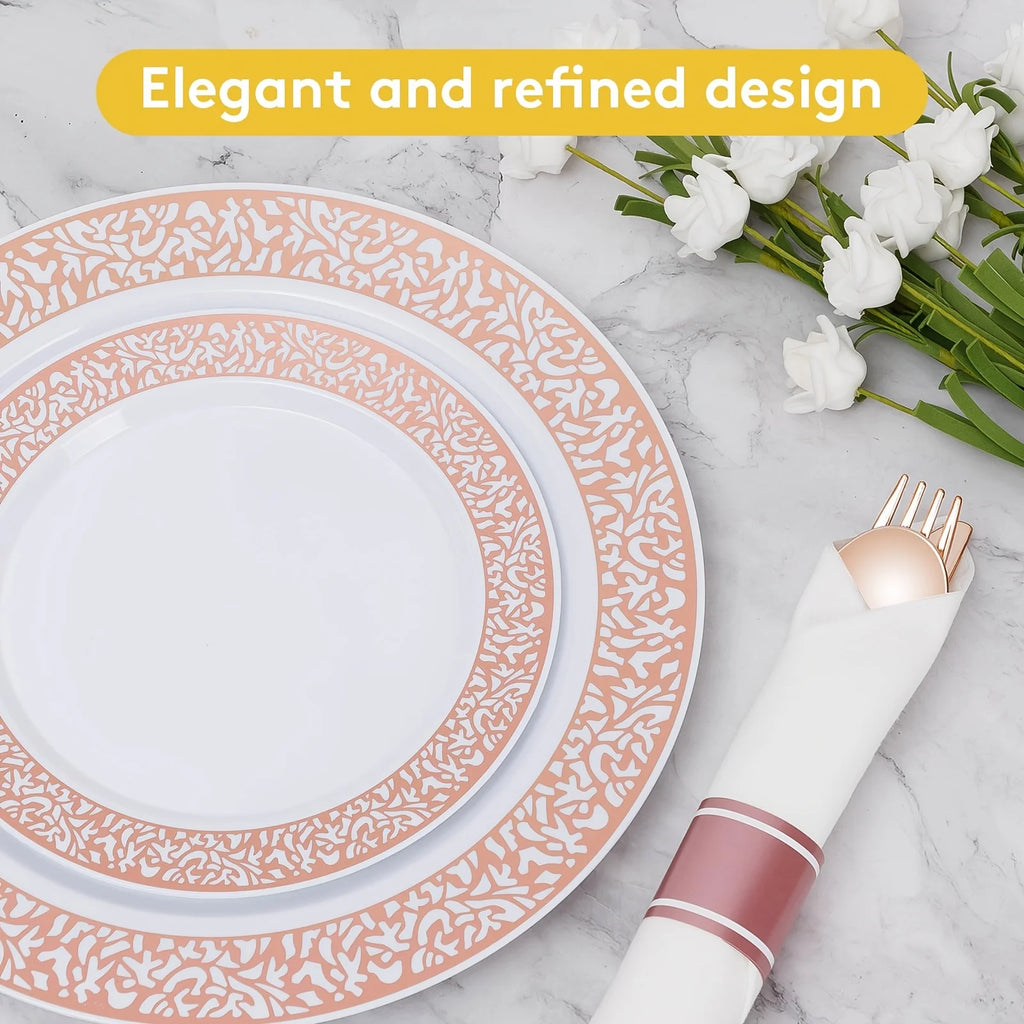 350pcs Rose Golden Plastic Dinnerware Set for 50 Guests, DISPOSABLE Lace Plates for Party, Include: 50 Rose Golden Party Plates, 50 Dessert Plates, 50 Pre Napkins with Silverware, 50 Cups