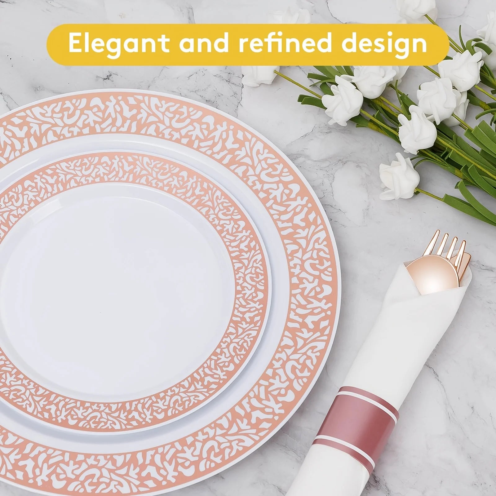 350pcs Rose Golden Plastic Dinnerware Set for 50 Guests, DISPOSABLE Lace Plates for Party, Include: 50 Rose Golden Party Plates, 50 Dessert Plates, 50 Pre Napkins with Silverware, 50 Cups