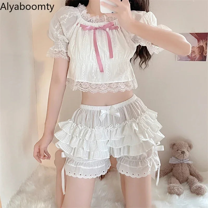 Japanese Summer Women Lolita Shorts High Waist Black White Bow Layered Ruffles Bloomers Cute Kawaii Hollow Out Ball Gown Shorts