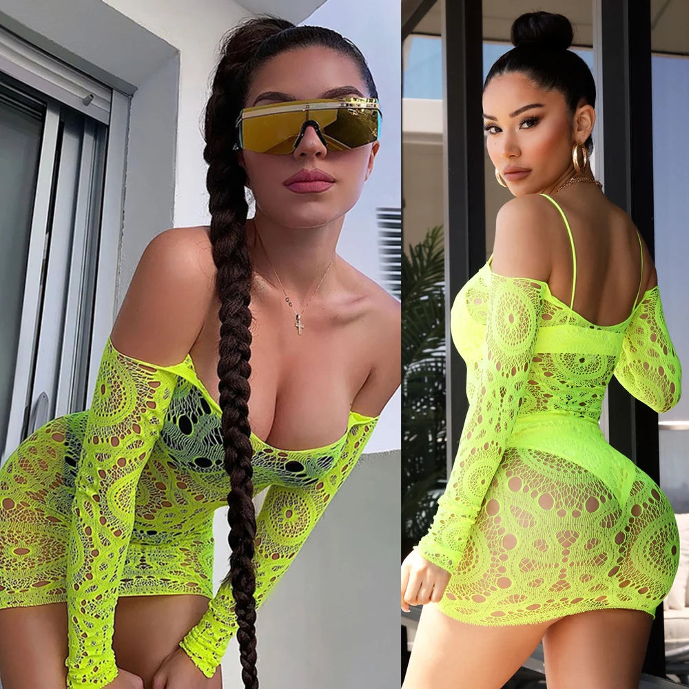 Women Sexy Dress Bikini Cover Bodysuits Transparent Deep V Neck See Through Body Stockings Mesh Swimsuit Lingerie Mini Skirts