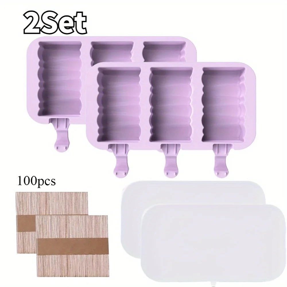 Silicone Ice Cream Mold Popsicle Siamese Molds with Lid DIY Reusable Ice Lolly Mold Cartoon Cute Image Handmade Easy Release