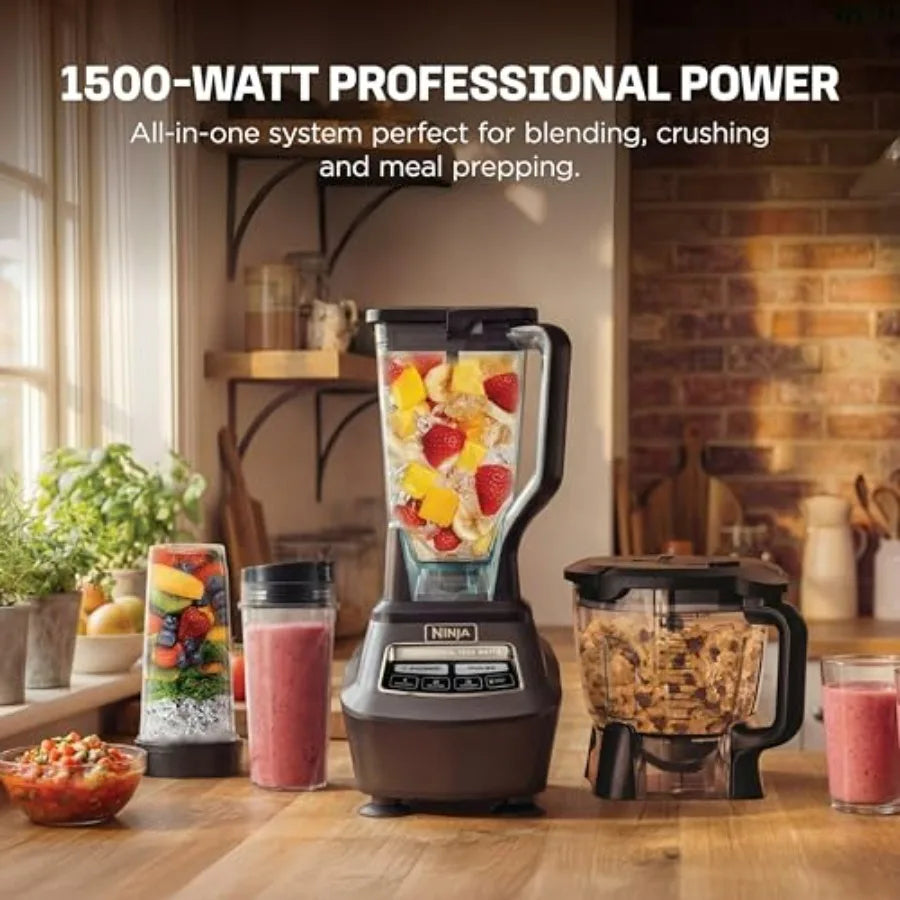 Multi-functional food processor/blender for making smoothies | Includes blending cup, two 16-ounce takeaway cups, and an 8-cup capacity mixing bowl | Makes salsa, dough, milkshakes, and cold drinks | 1500 watts