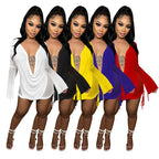 Y2k Sexy Chiffon Transparent Mini Dress Women Fashion Deep V-neck Long Sleeve Dresses Female Trend Vintage Street Party Clothing