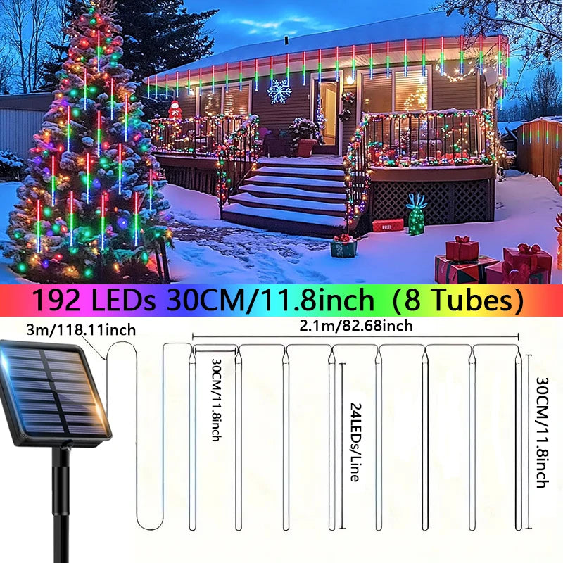 Solar Meteor Shower Lights 8-Tube 200LED Falling Rain String Lights Solar Powered for Tree Eaves Patio Fence Christmas Decor
