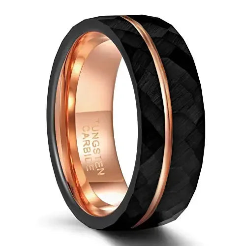 Tigrade 4mm 6mm 8mm Black Tungsten Rings for Men Women Thin Rose Gold Groove Hammered Wedding Band Ring Comfort Fit Size 5-14