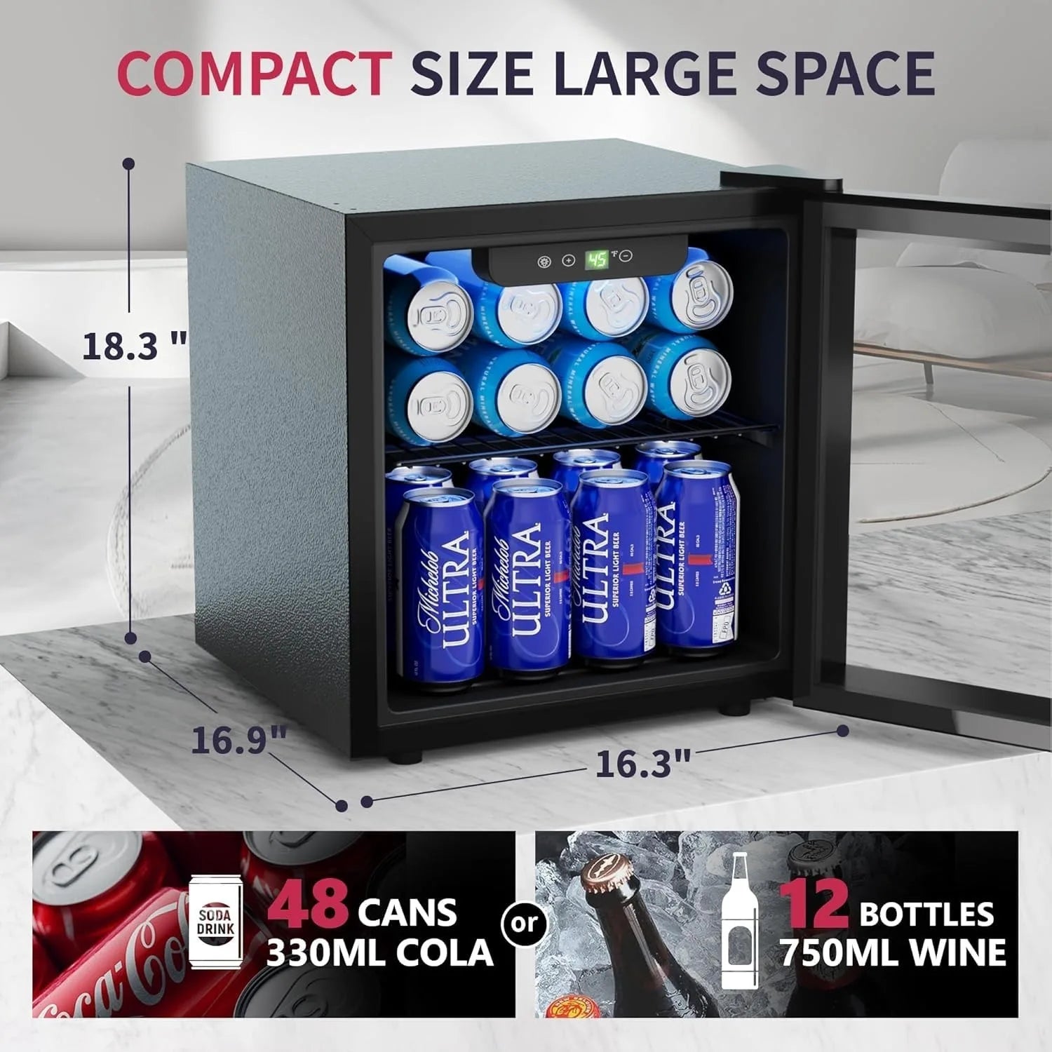 48 Can Beverage Cooler, Glass Door & Adjustable Shelves, Freestanding, Custom
