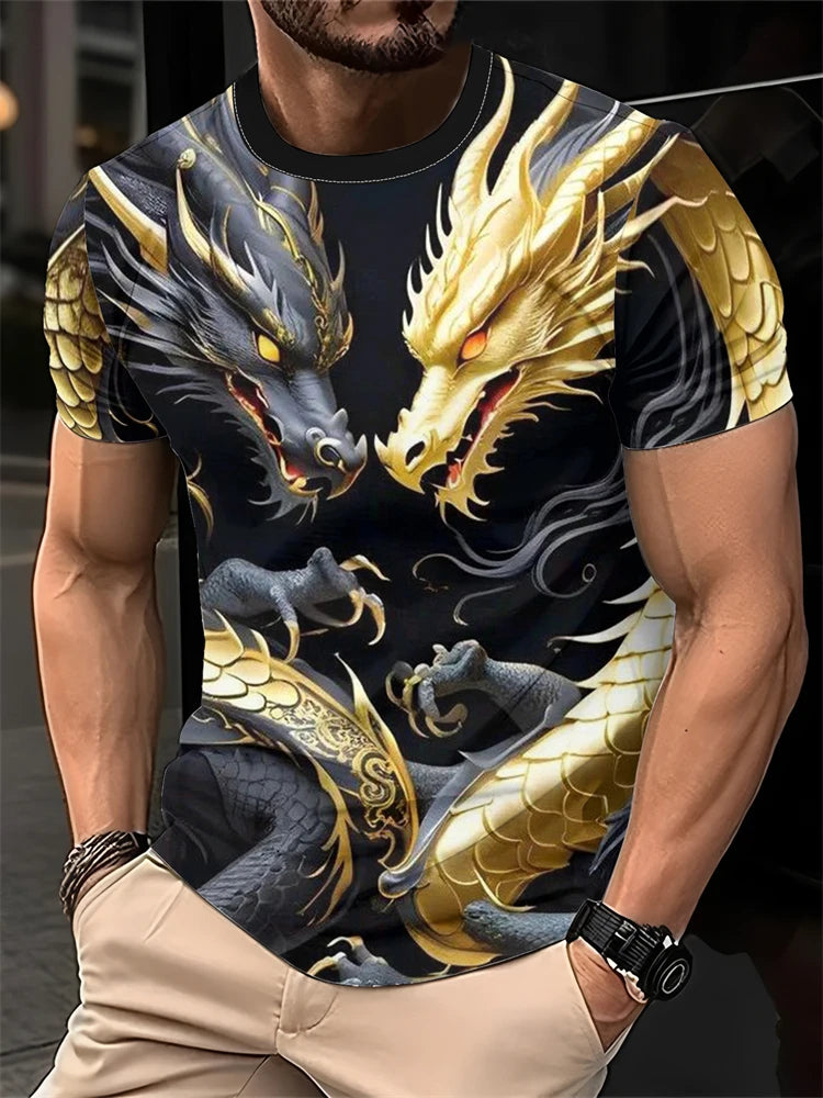 2025 New Men's 3D Dragon Print T-shirt Casual Short-sleeved Pullover Polyester Round-neck Summer Outdoor Clothing Adult Size