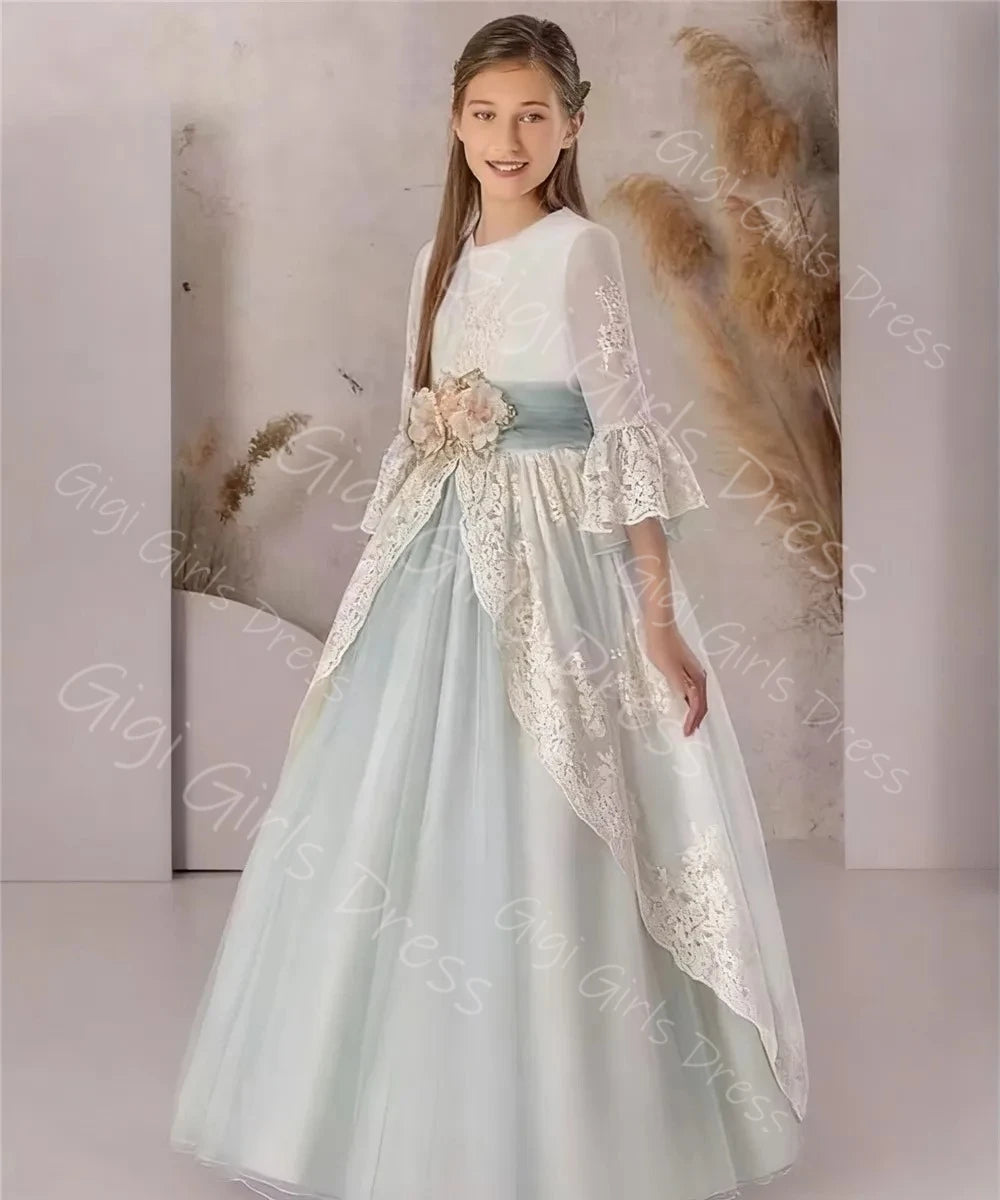 Graceful Lace Princess Flower Girl Dress 2-14 Kids 3/4 Sleeves 3D Flower Belt Wedding Party Gown First Communion Dress Custom