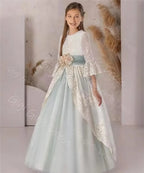 Graceful Lace Princess Flower Girl Dress 2-14 Kids 3/4 Sleeves 3D Flower Belt Wedding Party Gown First Communion Dress Custom