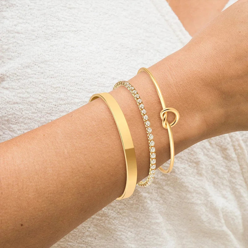 3pcs Stainless Steel Gold Plated Bracelets for Women Adjustable Jewelry Gifts Luxury Zircon Chain Bangles Jewelry Accessories