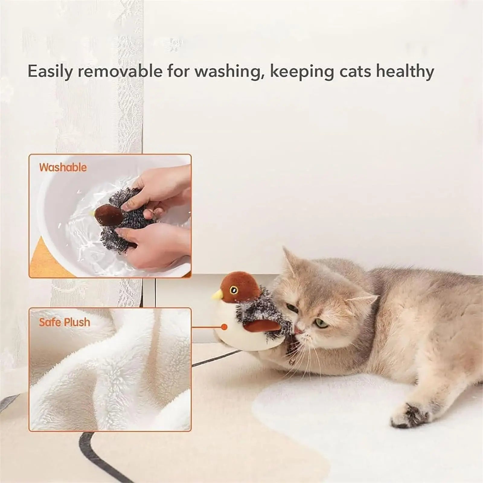 Interactive Cat Bird Toy 3 Levels Adjustable Simulated Chirping Electric Soft Plush with Flapping Wings for Kittens