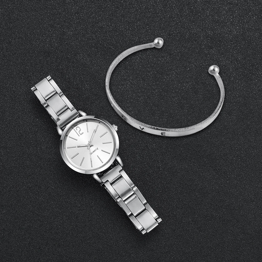 2PCs Set Fashion Women Elagant Watch Bracelet Casual Simple Steel Strap Quartz Watch Love Bracelet Temperament Wearing Style