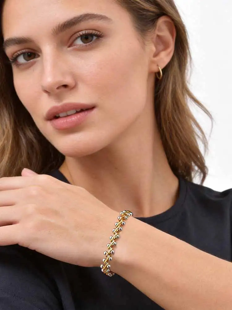 Beaded Bracelet for Women, Gold Silver Two Tone Stackable Minimalist Jewelry, Trendy Layered Bracelet Holiday Party Accessories