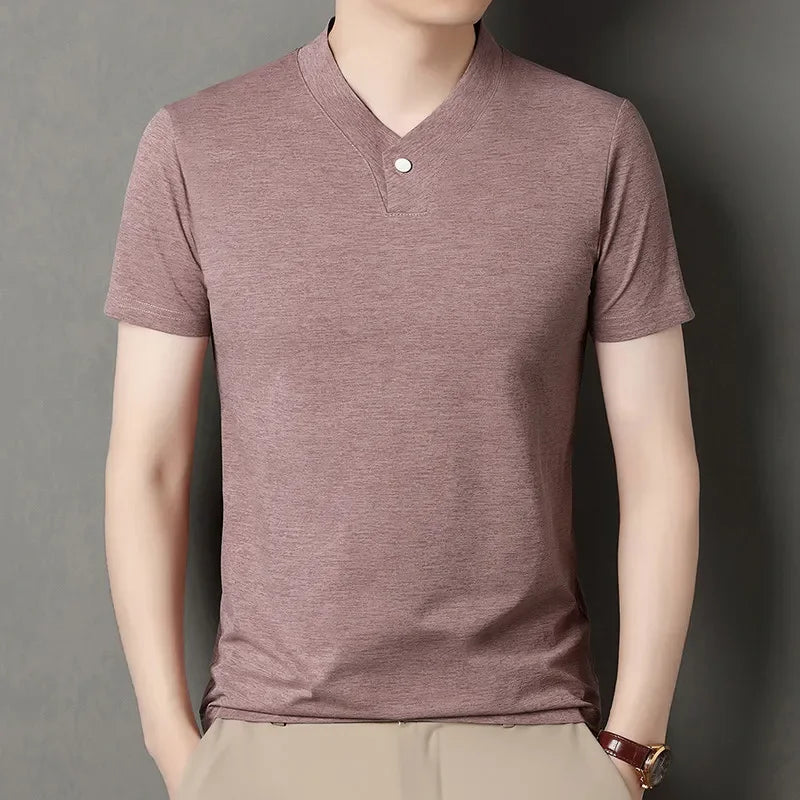 2026 Korean Style Men's Casual and Fashionable One Button V-neck Solid Color Short Sleeved T-shirt Summer Versatile Top