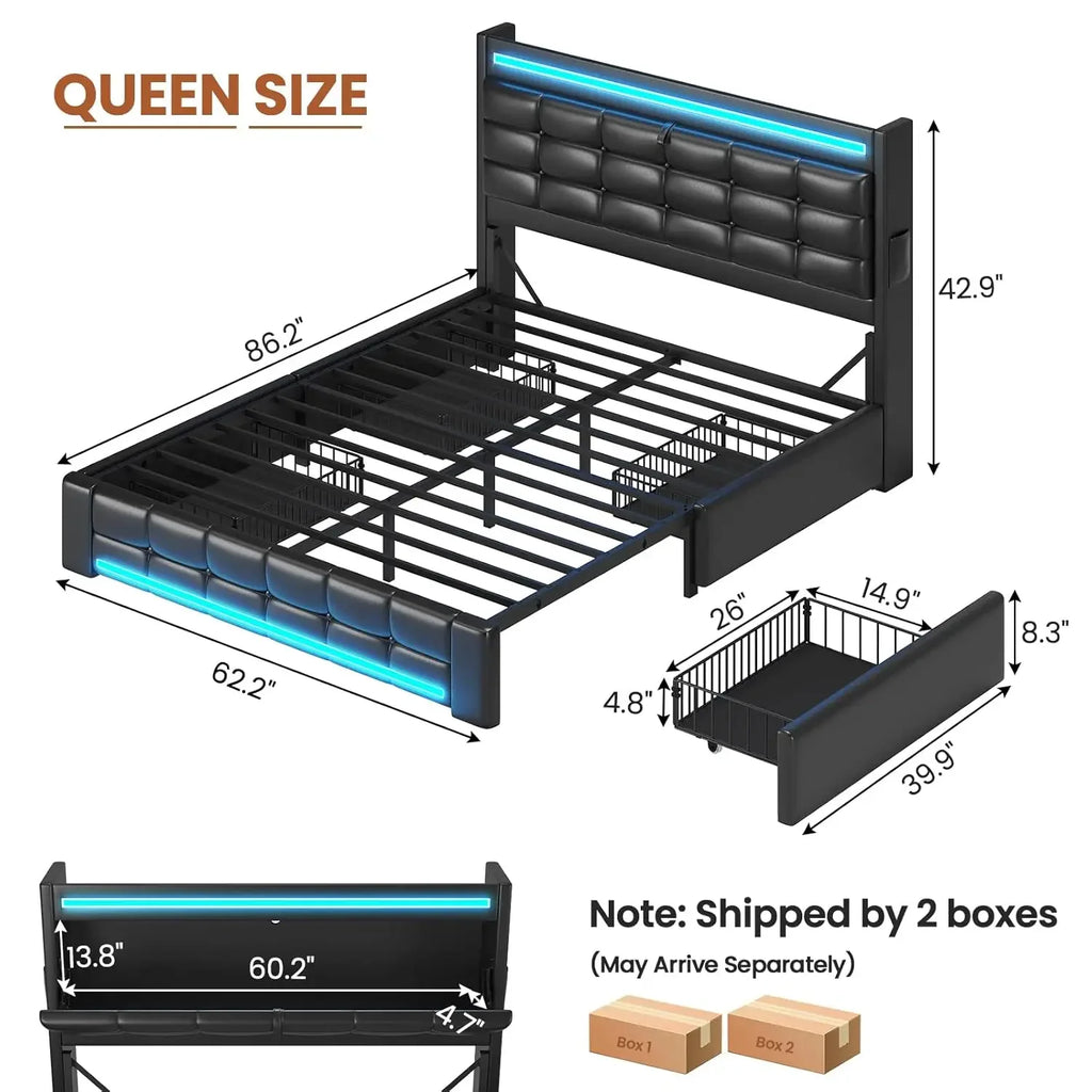 Queen Bed Frame with Storage Headboard & 4 Drawers, LED Bed Frame Queen with Charging Station, Leather Upholstered, Customized