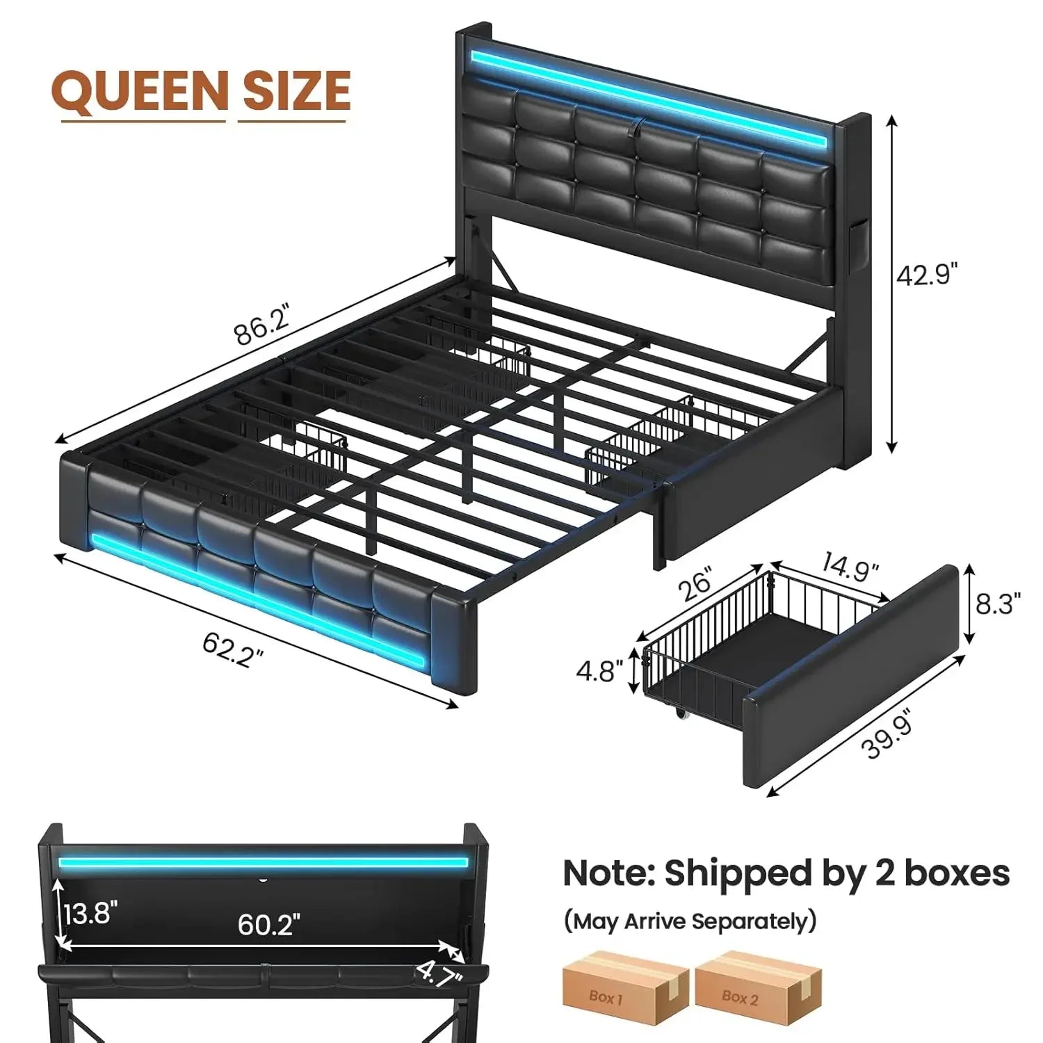 Queen Bed Frame with Storage Headboard & 4 Drawers, LED Bed Frame Queen with Charging Station, Leather Upholstered, Customized