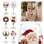 Holiday Stemware Christmas Wine Glass 2D Art Santa Snowman Reindeer Clear Goblet Party Cup