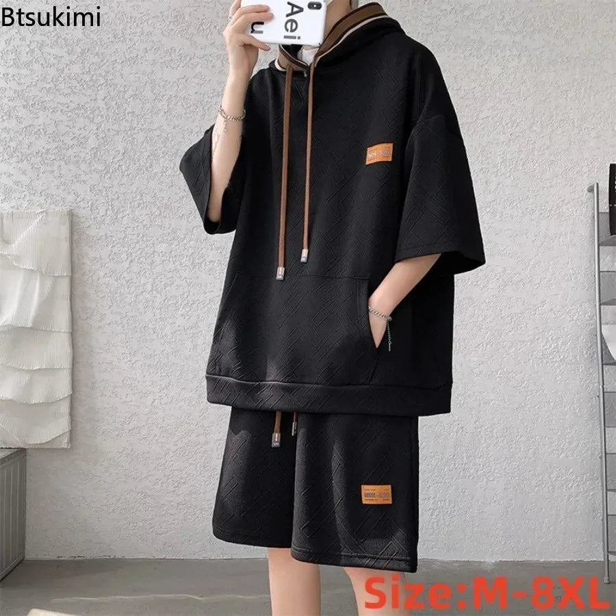 Men's Hooded Short Sleeved T-shirt Shorts Two-piece Set Summer Trend Casual Sports Fitness Oversized SIze M-8XL Two-piece Set