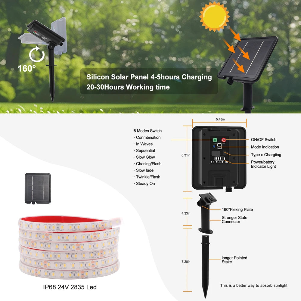 24V LED Light Strip Solar Waterproof 8 Modes 2835 120LEDs/m White Red Green Blue Flexi Lamp IP68 Party Garden Outdoor Decoration