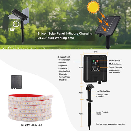 24V LED Light Strip Solar Waterproof 8 Modes 2835 120LEDs/m White Red Green Blue Flexi Lamp IP68 Party Garden Outdoor Decoration
