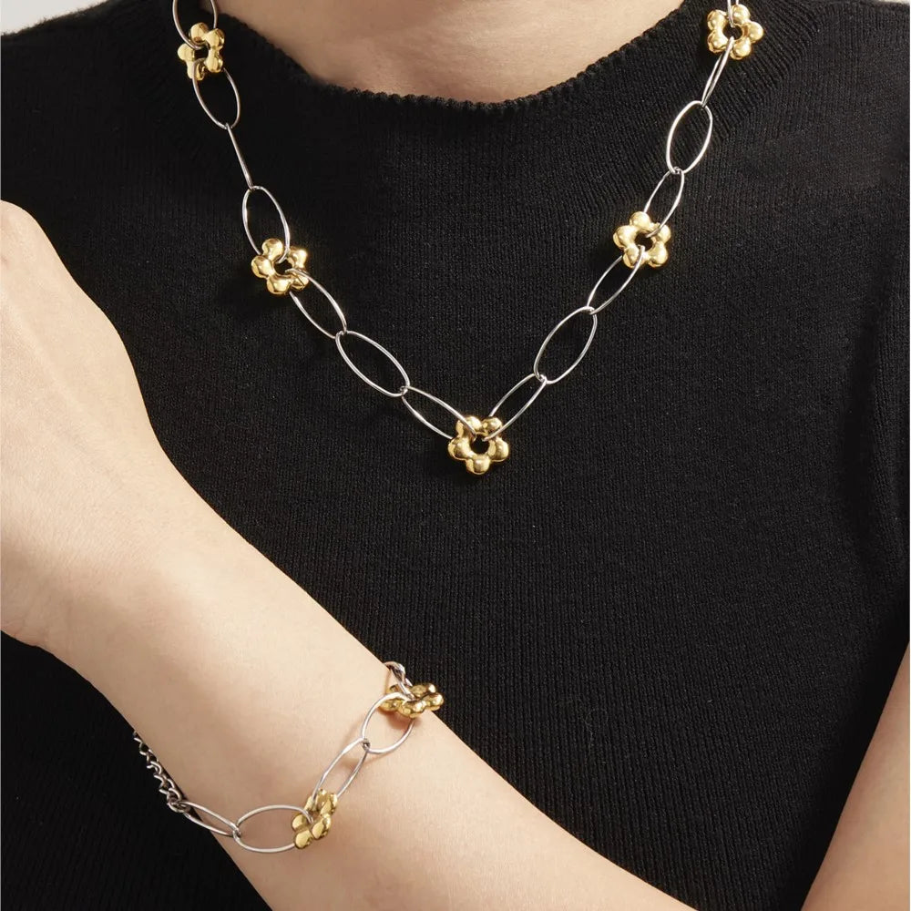 Stainless Steel Chain Necklace Bracelet For Women 18k Gold Plated Waterproof Non Tarnish Women's Bracelets Necklaces Jewelry Set