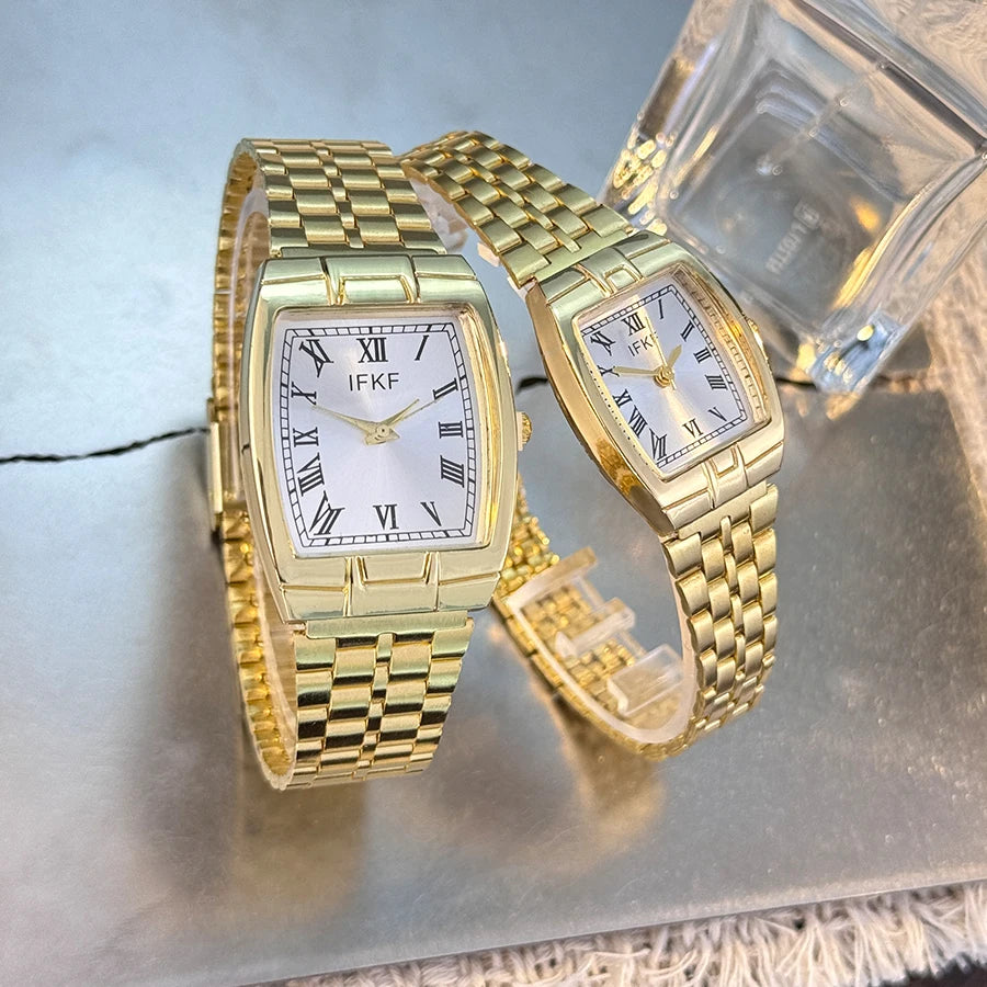 Valentine's Day Gift Couple's Watch Set Men's Women's Wine Barrel Shaped Fashion Classic Retro Quartz Wristwatch with Steel Band
