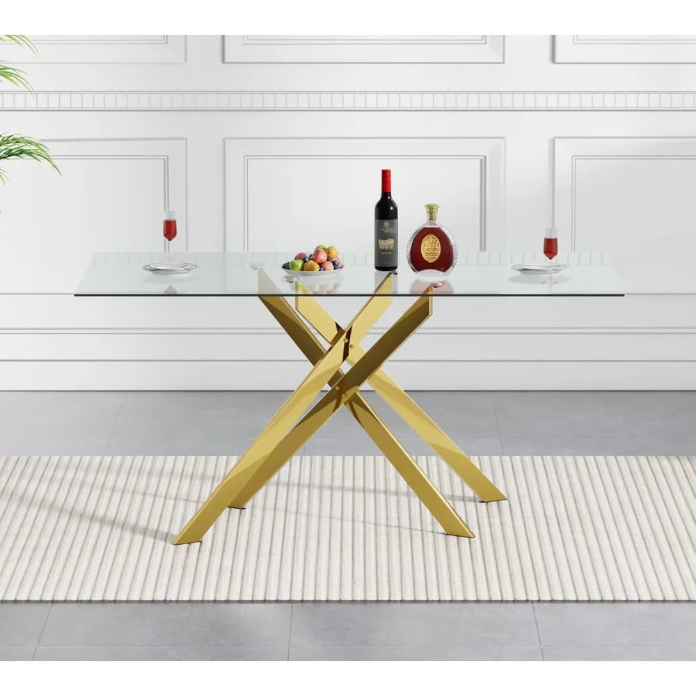 Modern Glass Dining Table for 4 with Gold Nest-Shape Metal Base Kitchen Table for Dining Room Home