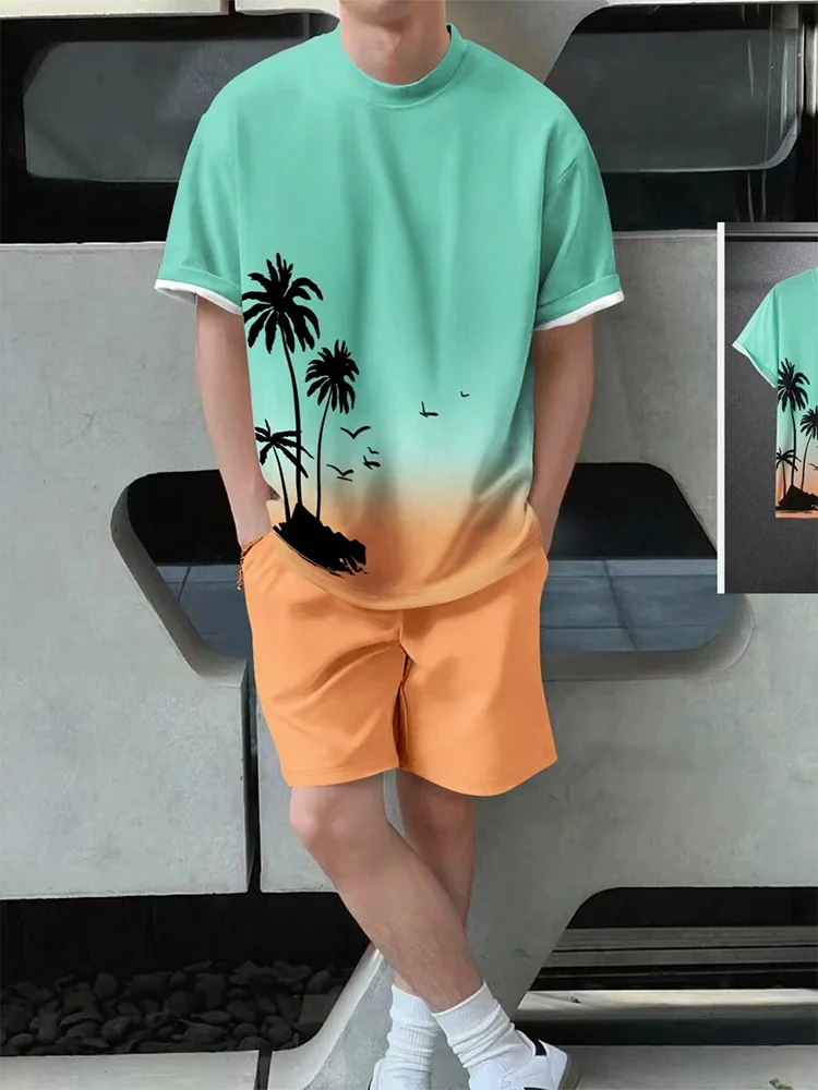 Summer men's two-piece set Hawaii fashion casual men's T-shirt outdoor beach men's shorts palm tree print O-neck short sleeved l