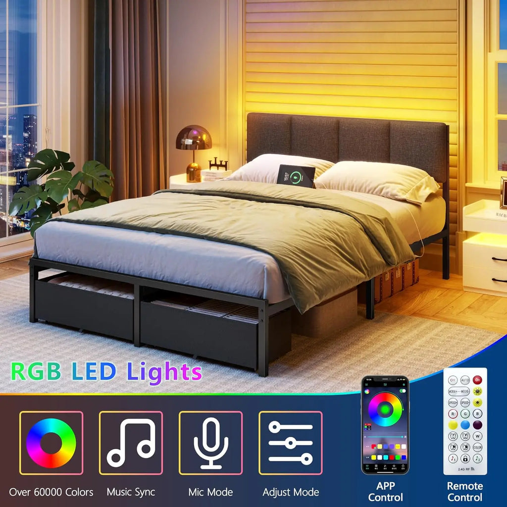 Furnulem Full Size Bed Frame with Headboard, Upholstered Full Bed Frame with LED Light, USB Charging Station, Platform Bedframe
