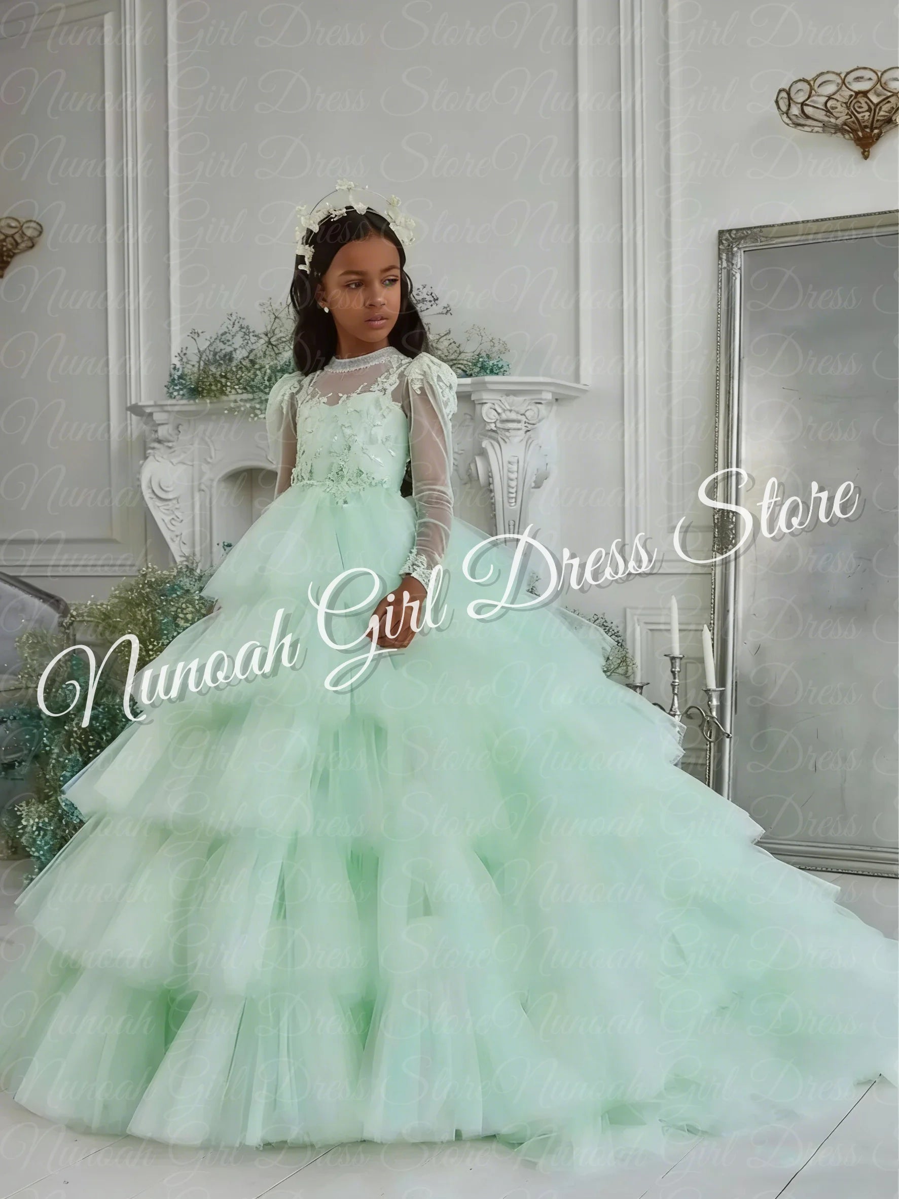 Customized White Flower Girl Dresses Tulle Tiered Flory with Tailing Long Sleeve for Wedding Birthday Party First Communion Gown