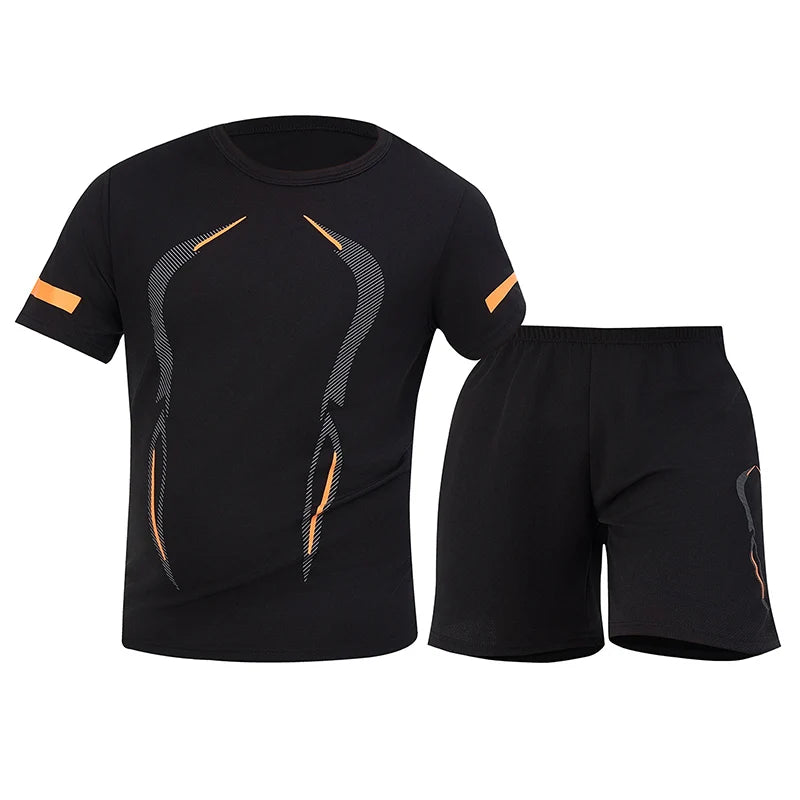 2-Piece Four Seasons Men's Short Sleeve Set Printed Quick Drying T-shirt for Youth Sports Fitness Running Comfortable and Casual