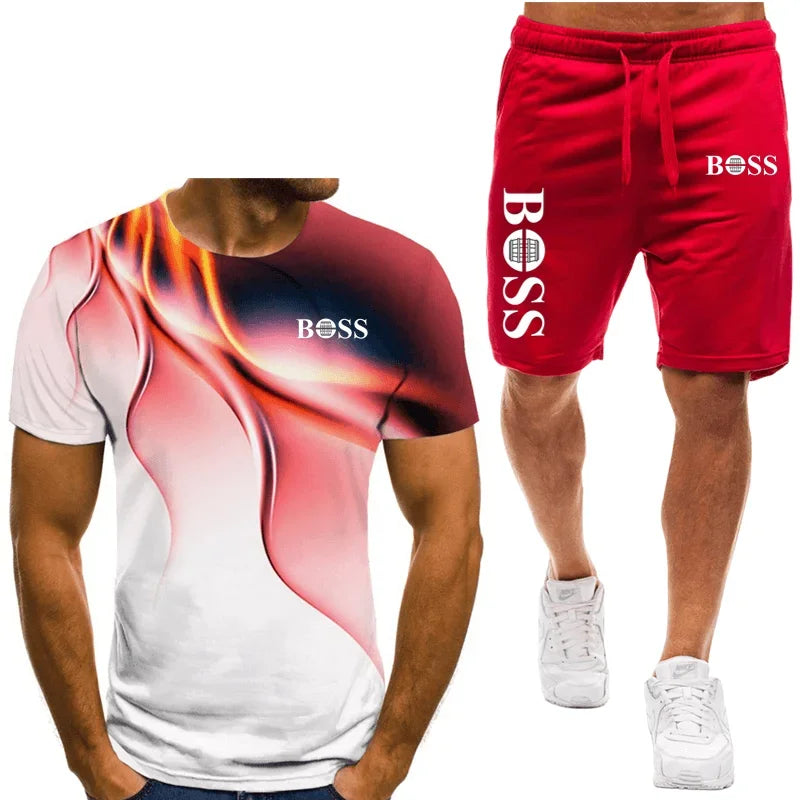 Men's T-shirt and shorts set, running fashion printed short sleeved sports T-shirt, summer 2024