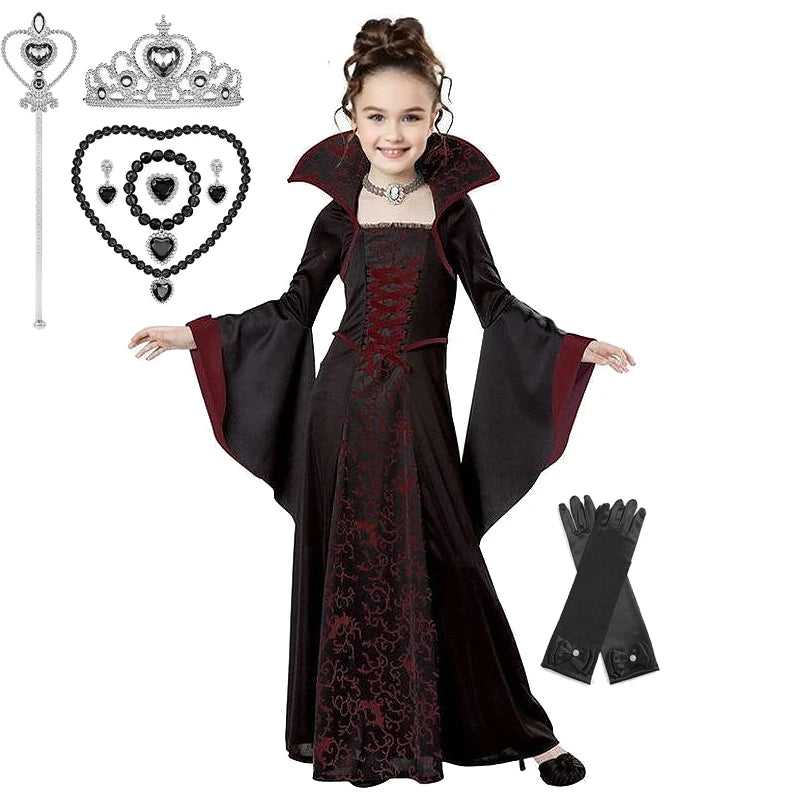 Halloween Costume Girl Fancy Skeleton Rose Print Dress Halloween Ghost Bride Vampire Cosplay Dress Kids Carnival Party Clothes