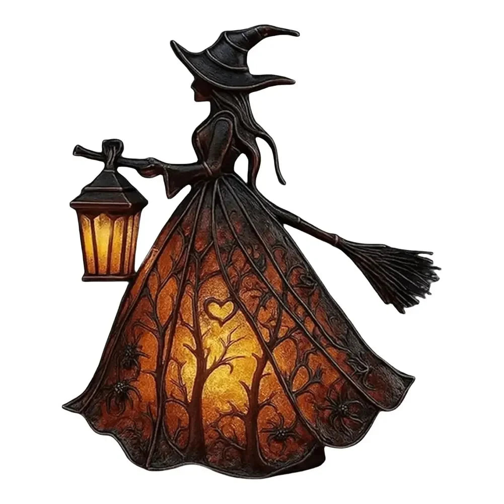 Halloween Witch Lantern LED Night Light Resin Statue Gothic Home Decor with Broom for Spooky Party
